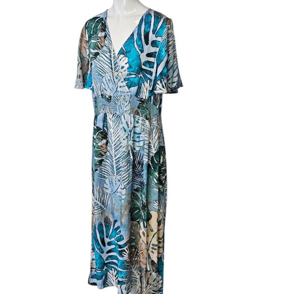 Simply Art Dolcezza Palm Leaf Printed V-Neck Flutter Sleeve Dress, Smocked, L - Picture 3 of 9